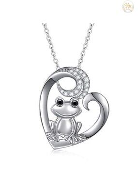 Sterling Silver Frog Heart Necklace Pendant CZ Jewelry